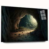 Acrylic glass wall art showcasing a breathtaking cave landscape design in vibrant colors, featuring intricate details and a modern side view without pins, perfect for contemporary decor.