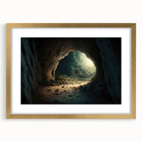 Framed wall art featuring a stunning cave landscape design with a gold mat, showcasing intricate details and vibrant colors, perfect for enhancing home decor.