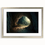 Framed wall art showcasing a stunning landscape design featuring caves, elegantly presented in a silver frame with a white mat, perfect for home decor.