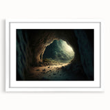 Framed wall art featuring a stunning landscape and cave design, presented with a white mat for an elegant look, perfect for home decor enhancement.