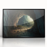 Framed acrylic wall art showcasing a stunning landscape with intricate cave designs, featuring a sleek black frame, ideal for modern home decor.