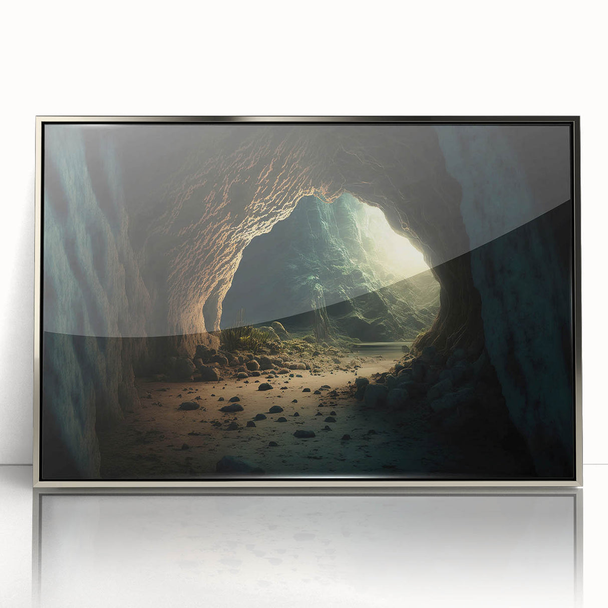 Framed wall art collection showcasing a vibrant landscape design with intricate cave details, featuring a sleek silver frame and acrylic front, ideal for modern decor.