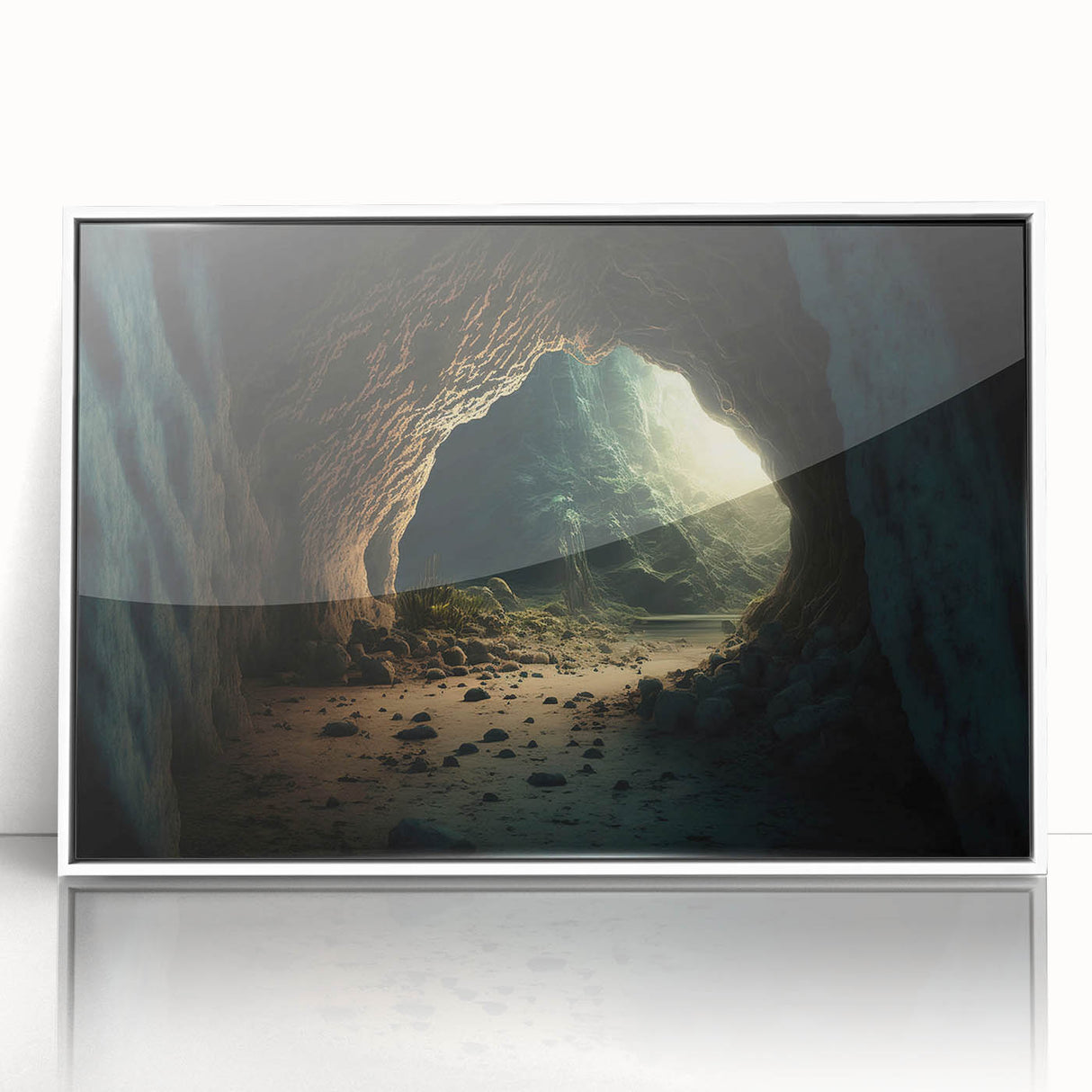 Framed acrylic wall art featuring a stunning cave landscape design in a modern white frame, ideal for home decor enthusiasts seeking a serene and artistic touch.