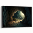 Framed canvas wall art featuring a stunning landscape of caves with intricate details and a sleek black frame, perfect for modern home decor and adding depth to any room.