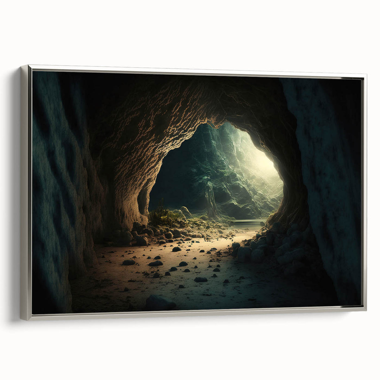Framed canvas wall art showcasing a stunning cave landscape design with silver accents, perfect for enhancing modern home decor. The artwork captures intricate details and vibrant colors, making it a striking focal point in any room.