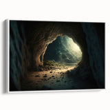 Framed canvas wall art showcasing a vibrant landscape with intricate cave designs, set against a white background, perfect for modern home decor.