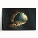 Stretched canvas wall art showcasing a vibrant landscape design with cave elements, leaning against a neutral wall, ideal for modern home decor.