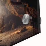 Close-up of a vibrant acrylic glass wall art piece showcasing an abstract landscape design with intricate cave formations, perfect for modern home decor.