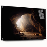 Acrylic glass wall art collection showcasing a scenic landscape with caves, presented in a side view that emphasizes its vibrant colors and detailed design, perfect for home decor.