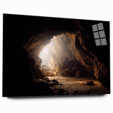 Acrylic glass wall art display showcasing a stunning cave landscape design, featuring vibrant colors and intricate details, perfect for modern home decor.