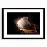 Framed wall art featuring a captivating landscape and cave design, with a sleek black frame and mat, ideal for enhancing modern home decor aesthetics.