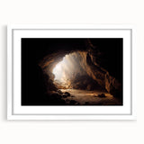 Framed wall art featuring a serene landscape design with cave motifs, presented in a white mat and sleek frame, ideal for modern home decor.