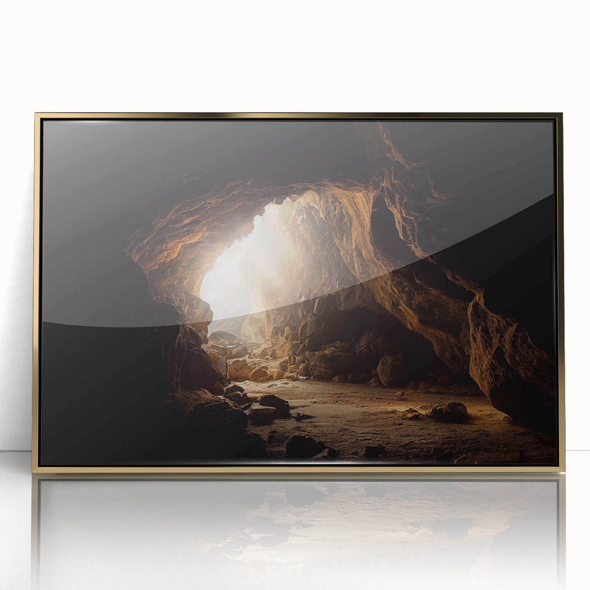 Framed wall art showcasing a captivating cave landscape design, featuring gold accents and a sleek acrylic front, ideal for modern home decor.