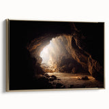 Framed canvas wall art showcasing a stunning landscape design with intricate cave motifs, highlighted by a luxurious gold frame, perfect for modern decor.