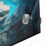 Close-up of a vibrant acrylic glass wall art piece showcasing an abstract landscape with intricate cave designs in earthy tones, perfect for modern decor.