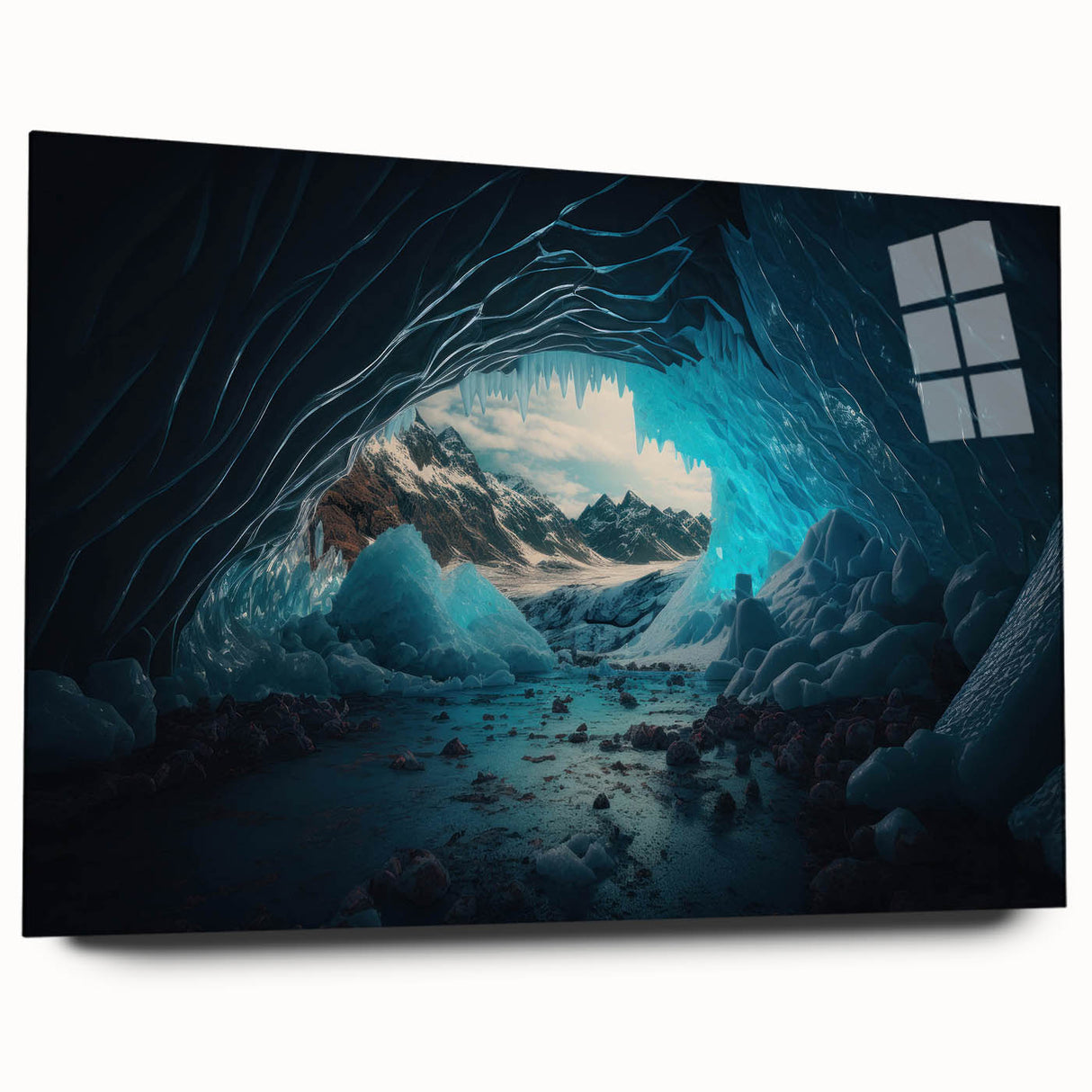 Abstract wall art collection featuring a vibrant landscape design with a striking cave motif, displayed in an acrylic glass frame, showcasing rich colors and intricate details, perfect for modern home decor.