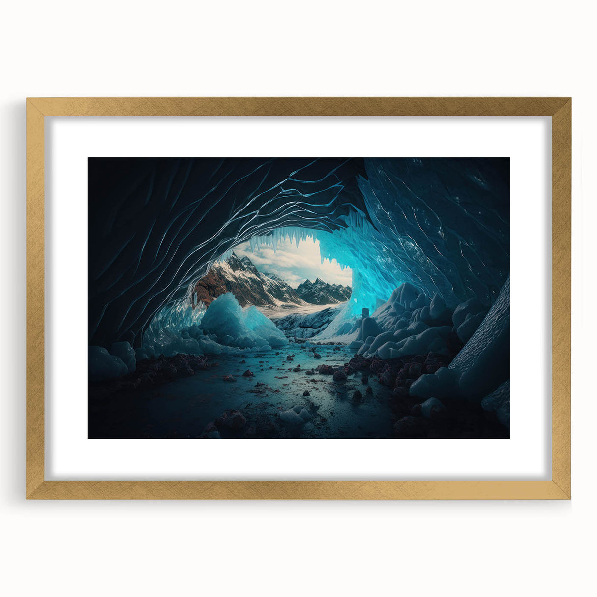 Framed wall art showcasing a stunning cave landscape design with a gold mat, perfect for enhancing home decor and adding a touch of elegance to any room.