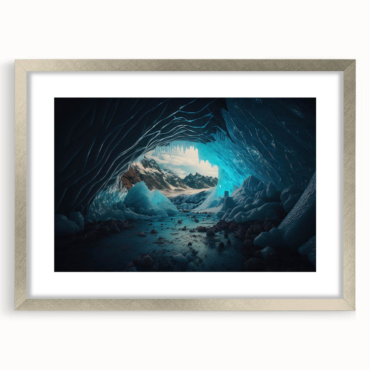 Silver-framed wall art featuring a stunning landscapes and caves design, elegantly matted, ideal for enhancing modern home decor. Perfect for nature enthusiasts.