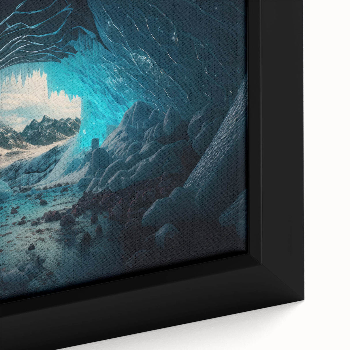 Framed canvas artwork showcasing a vibrant cave landscape design with intricate details and earthy tones, perfect for modern home decor or gallery display.