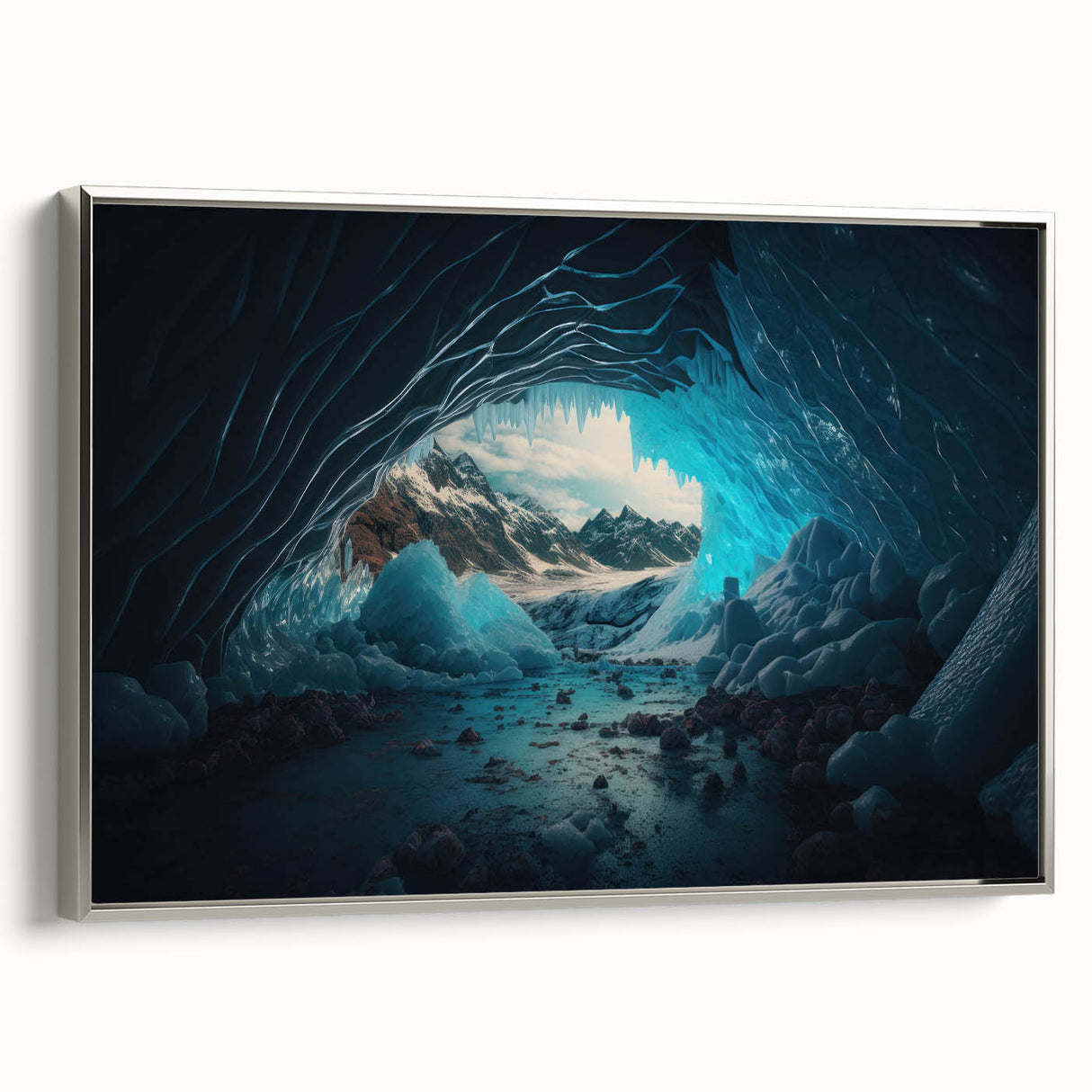 Framed canvas wall art showcasing a modern cave landscape design with silver accents, ideal for contemporary home decor. The artwork adds elegance to any room setting.