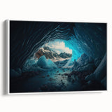 Framed canvas wall art featuring a vibrant landscape design with caves, displayed in a sleek white frame, ideal for modern home decor and artistic interiors.