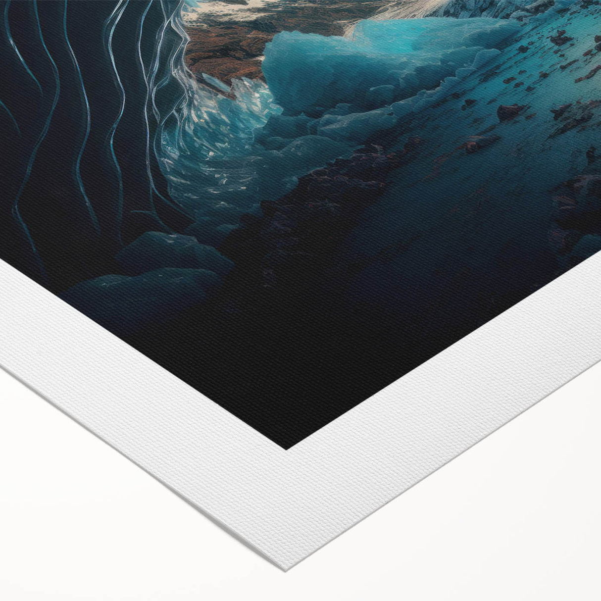 Rolled canvas depicting a vibrant landscape scene with intricate cave designs, showcasing rich colors and textures, ideal for modern home decor.