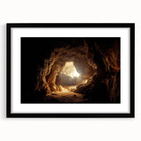 Framed wall art showcasing a serene landscape with cave designs, featuring a sleek black frame and mat for an elegant presentation, ideal for home decor.
