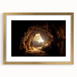 Framed wall art showcasing a stunning cave landscape design, adorned with a gold mat, ideal for home décor. Perfect for adding elegance to any room setting.