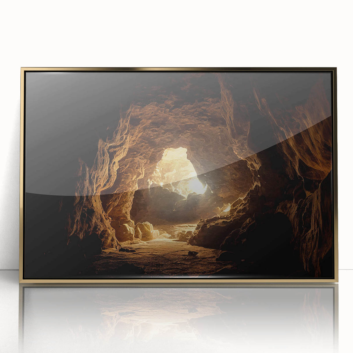Framed acrylic wall art showcasing a modern landscape design with golden accents, perfect for home decor. Ideal for enhancing living spaces with elegance.