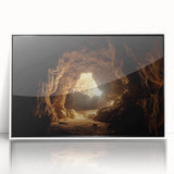 Framed acrylic wall art showcasing a stunning landscape with caves, set against a white background, perfect for modern home decor and interior design enthusiasts.