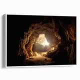Framed canvas wall art showcasing a stunning landscape of caves with intricate details, presented in a sleek white frame, perfect for modern home decor.