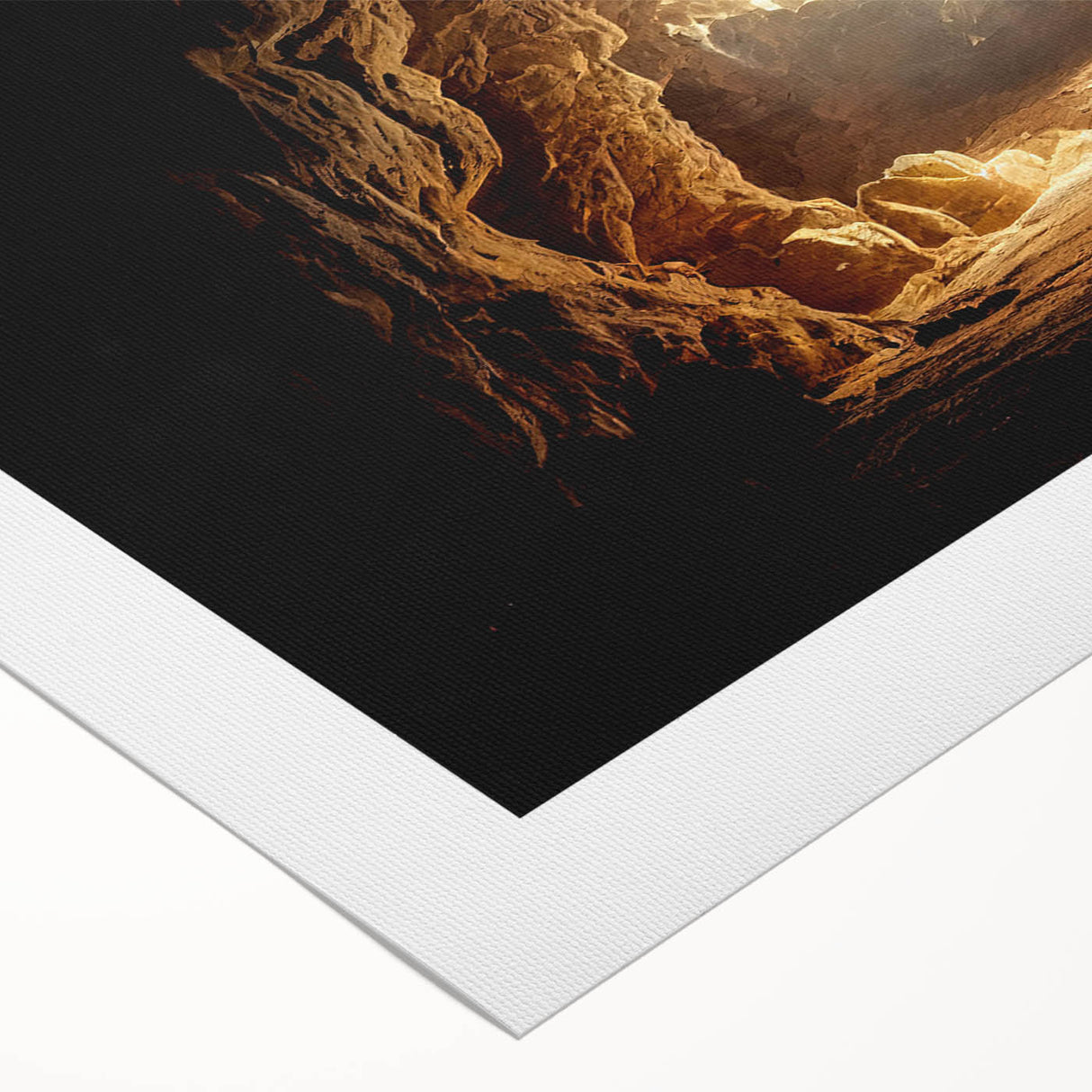 Rolled canvas art showcasing a vibrant landscape design with cave motifs, featuring earthy tones and intricate details, ideal for home decor and artistic expression.