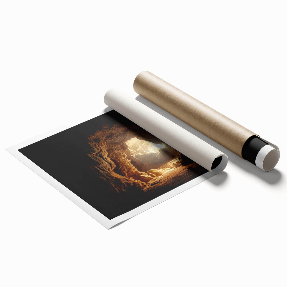 Vibrant landscape wall art print showcasing abstract cave designs in earthy tones, rolled for easy transport and display, perfect for modern decor accents.