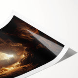 Abstract wall art print showcasing a vibrant landscape with intricate cave designs, featuring rich colors and textures, rolled and ready for framing.