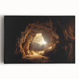 Stretched canvas wall art showcasing a vibrant landscape with cave formations, ideal for home decor, highlighting earthy tones and intricate details for an artistic touch.