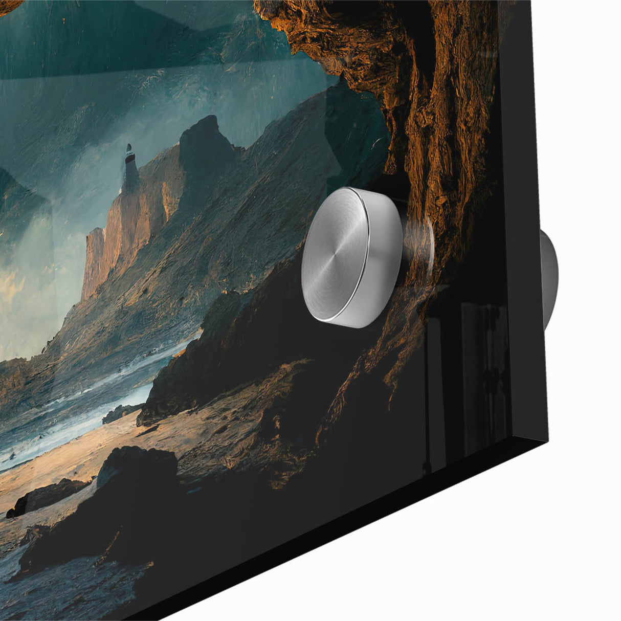 Close-up of vibrant acrylic wall art depicting a stunning cave landscape with intricate details, showcasing rich colors and textures, ideal for modern decor.
