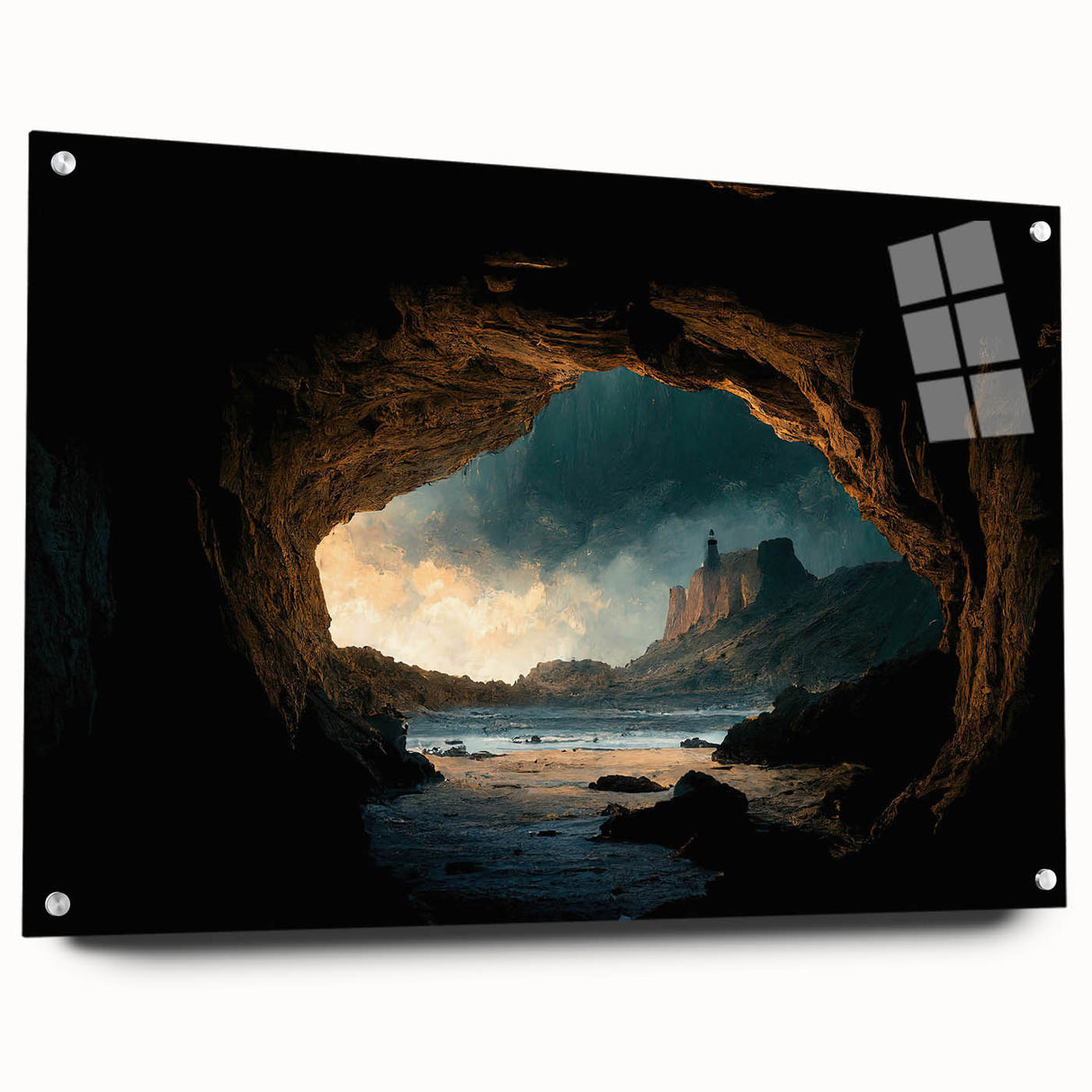 Acrylic wall art design showcasing an intricate cave landscape, framed with pins and viewed from the side, featuring vibrant colors and detailed textures for a striking visual impact. Perfect for modern home decor enthusiasts seeking unique artistic pieces.