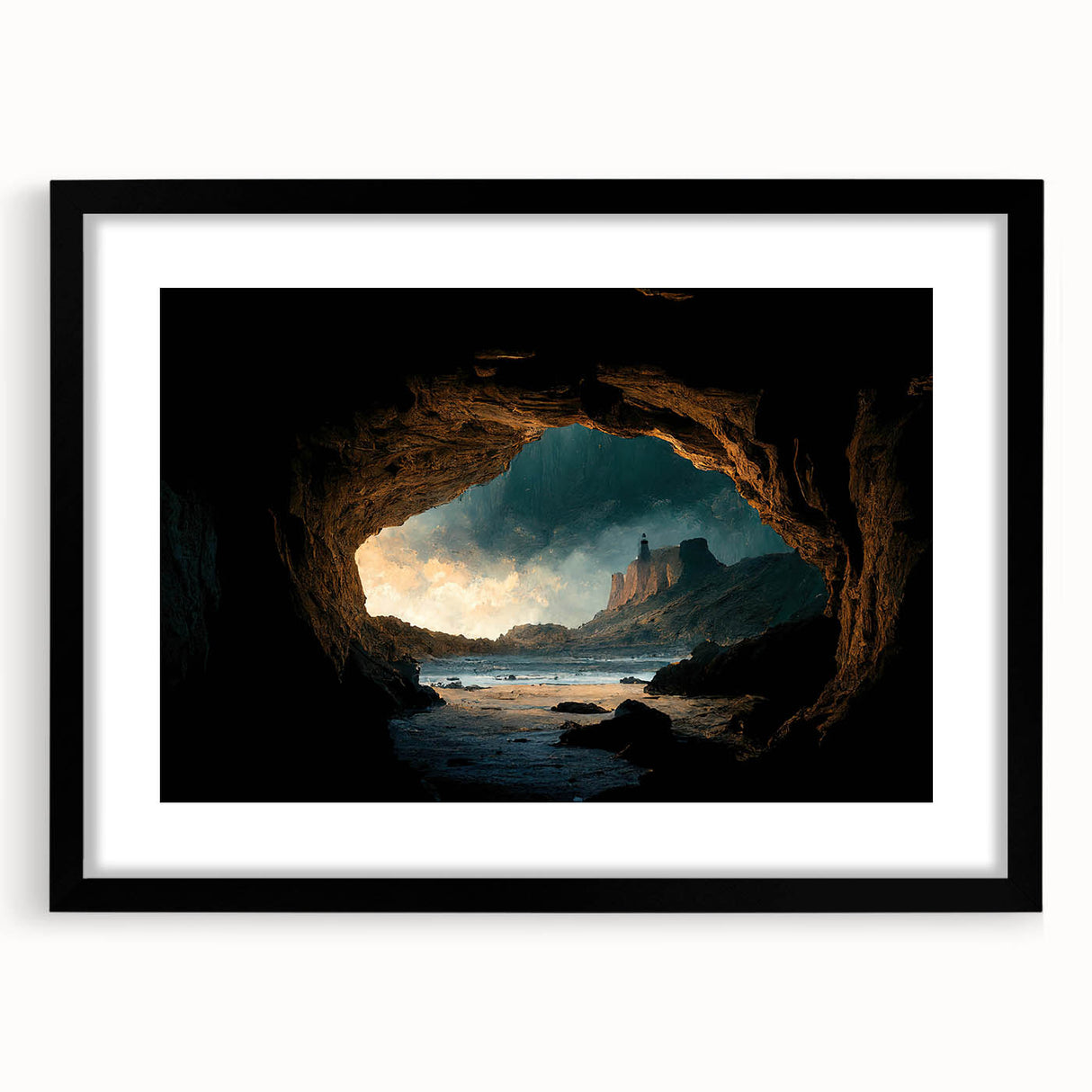 Framed wall art showcasing a stunning cave landscape design, featuring a sleek black frame and mat, perfect for modern home decor. Ideal for nature enthusiasts.