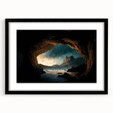 Framed wall art showcasing a stunning cave landscape design, featuring a sleek black frame and mat, perfect for modern home decor. Ideal for nature enthusiasts.