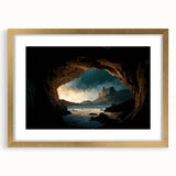 Framed wall art collection featuring a scenic landscape design with cave elements, displayed in a sleek gold frame with a white mat, ideal for modern home decor.
