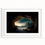 Framed wall art showcasing a stunning landscape and cave design, featuring a white mat and sleek frame, perfect for modern home decor. Ideal for enhancing living spaces with nature-inspired aesthetics.