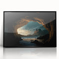 Framed acrylic wall art showcasing a captivating landscape design with cave imagery, presented in a sleek black frame, perfect for modern decor.