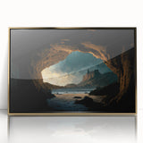 Framed wall art showcasing a stunning landscape design with golden accents, featuring intricate cave formations and vibrant colors, perfect for modern decor.