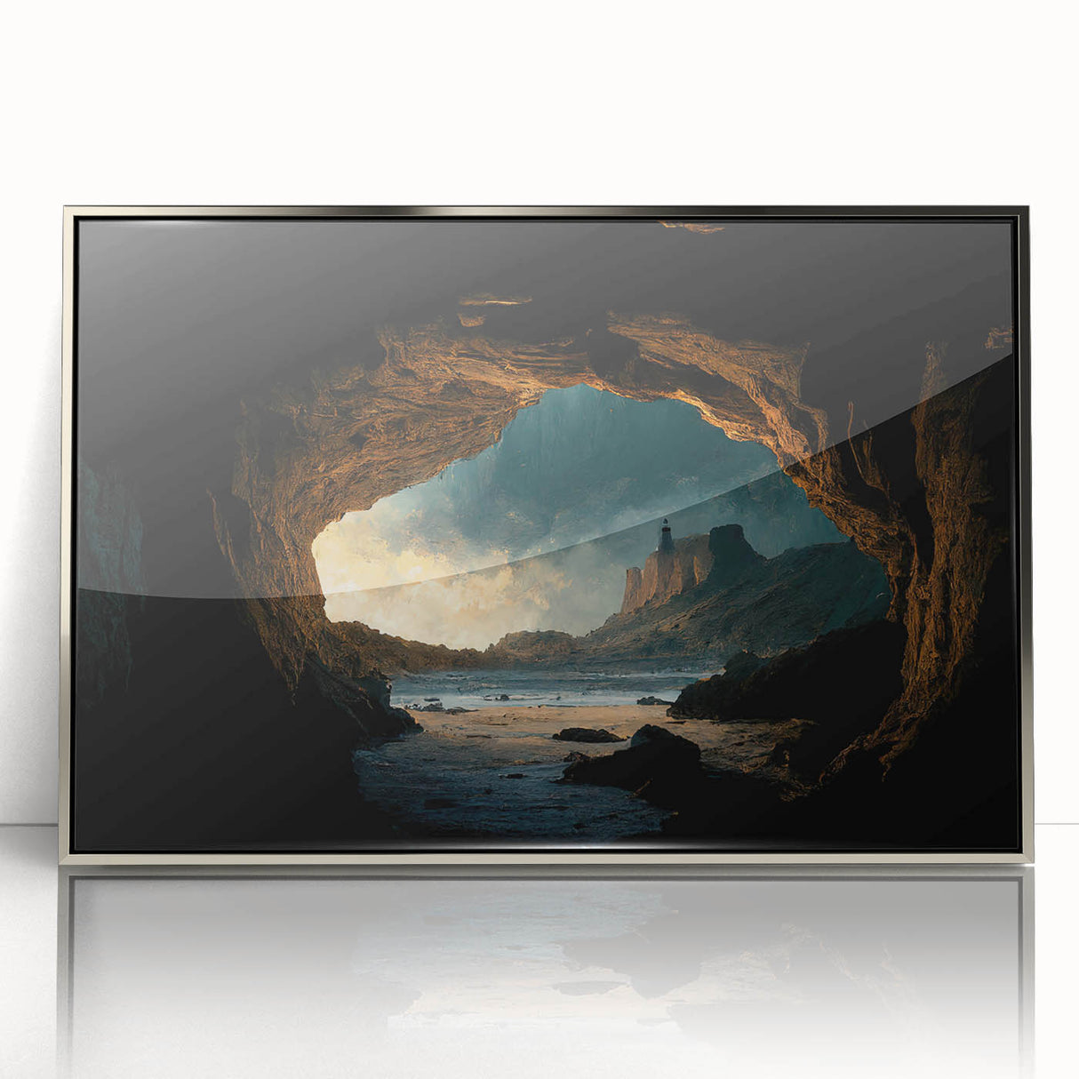 Framed acrylic wall art featuring a stunning cave landscape design in silver tones, perfect for modern home decor. Ideal for adding a touch of elegance to any room.