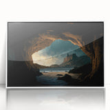 Framed wall art featuring a captivating cave landscape design, presented in a sleek white frame, perfect for enhancing contemporary home decor.