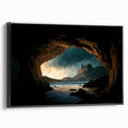Framed canvas art showcasing a stunning landscape with caves, featuring rich textures and deep colors, ideal for enhancing modern home decor.