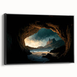 Framed canvas art showcasing a stunning landscape with caves, featuring rich textures and deep colors, ideal for enhancing modern home decor.