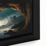 Close-up of a framed canvas wall art piece showcasing a stunning landscape with intricate cave designs, featuring vibrant colors and detailed textures, perfect for home decor.