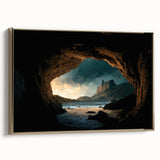 Framed canvas wall art showcasing a stunning landscape design featuring intricate caves and natural elements, accented with a gold frame, perfect for modern decor.