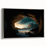 Framed canvas artwork showcasing a serene landscape design with caves, featuring a silver frame. The piece highlights earthy tones and intricate details, perfect for enhancing home decor.